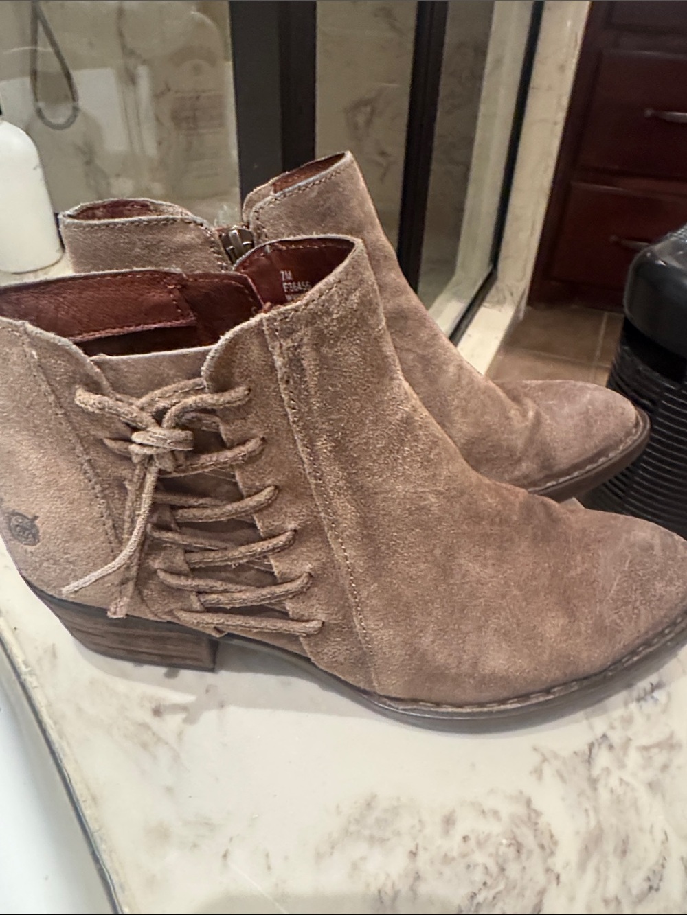 Born Taupe Suede Lace-Back Ankle Booties